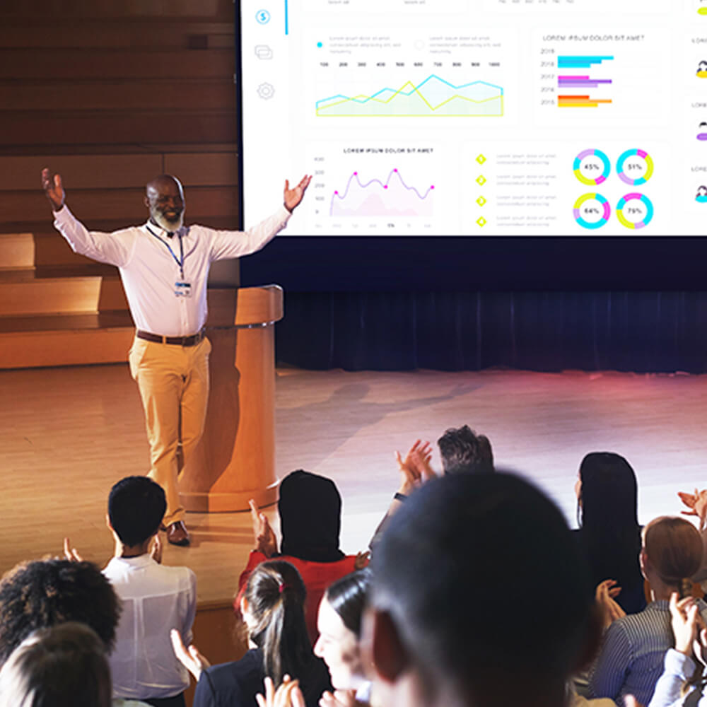 Interactive presentation technology for lecture halls and conference venues with large-scale projection systems and data visualization capabilities. Advanced auditorium display solutions enable dynamic presentations, educational seminars, and corporate events with professional-grade visual technology and audience engagement tools.